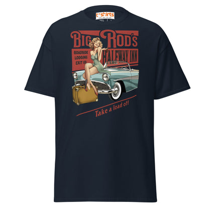 Big Rod’s Halfway Inn Retro Pin - Up Classic Car T-Shirt - Navy - T-Shirts Online