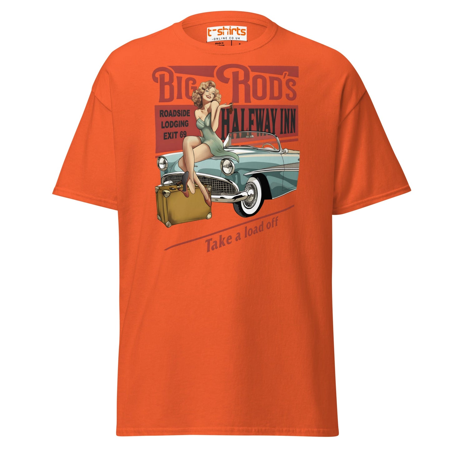 Big Rod’s Halfway Inn Retro Pin - Up Classic Car T-Shirt - Orange - T-Shirts Online
