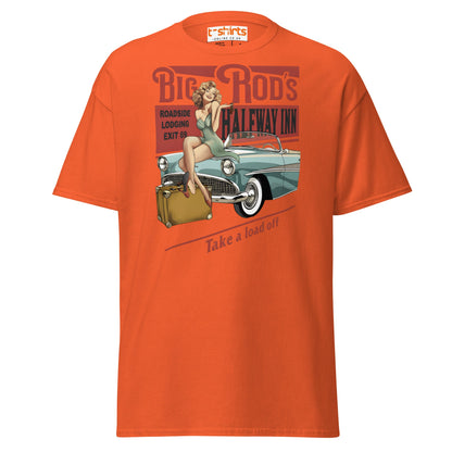 Big Rod’s Halfway Inn Retro Pin - Up Classic Car T-Shirt - Orange - T-Shirts Online