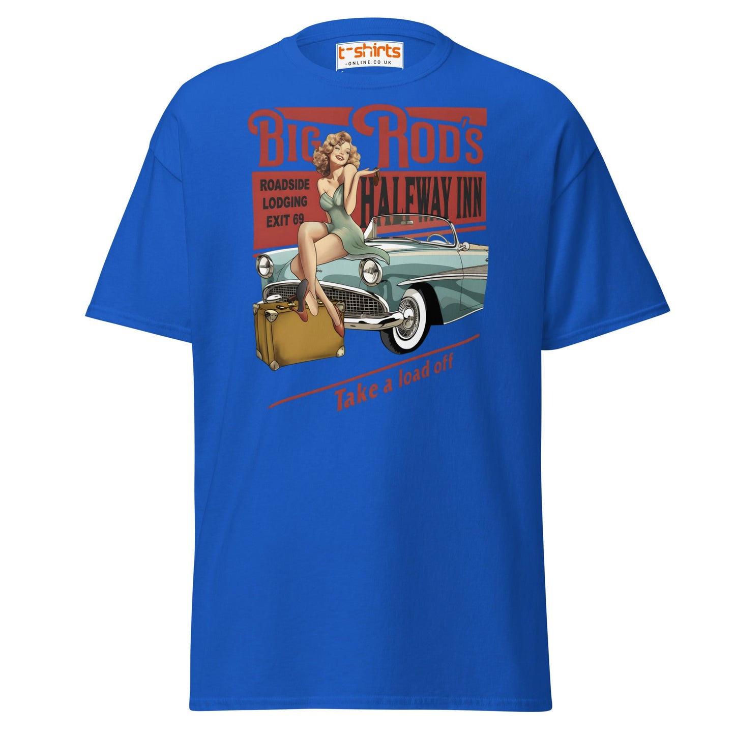Big Rod’s Halfway Inn Retro Pin - Up Classic Car T-Shirt - Royal - T-Shirts Online