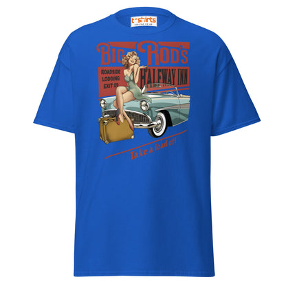 Big Rod’s Halfway Inn Retro Pin - Up Classic Car T-Shirt - Royal - T-Shirts Online