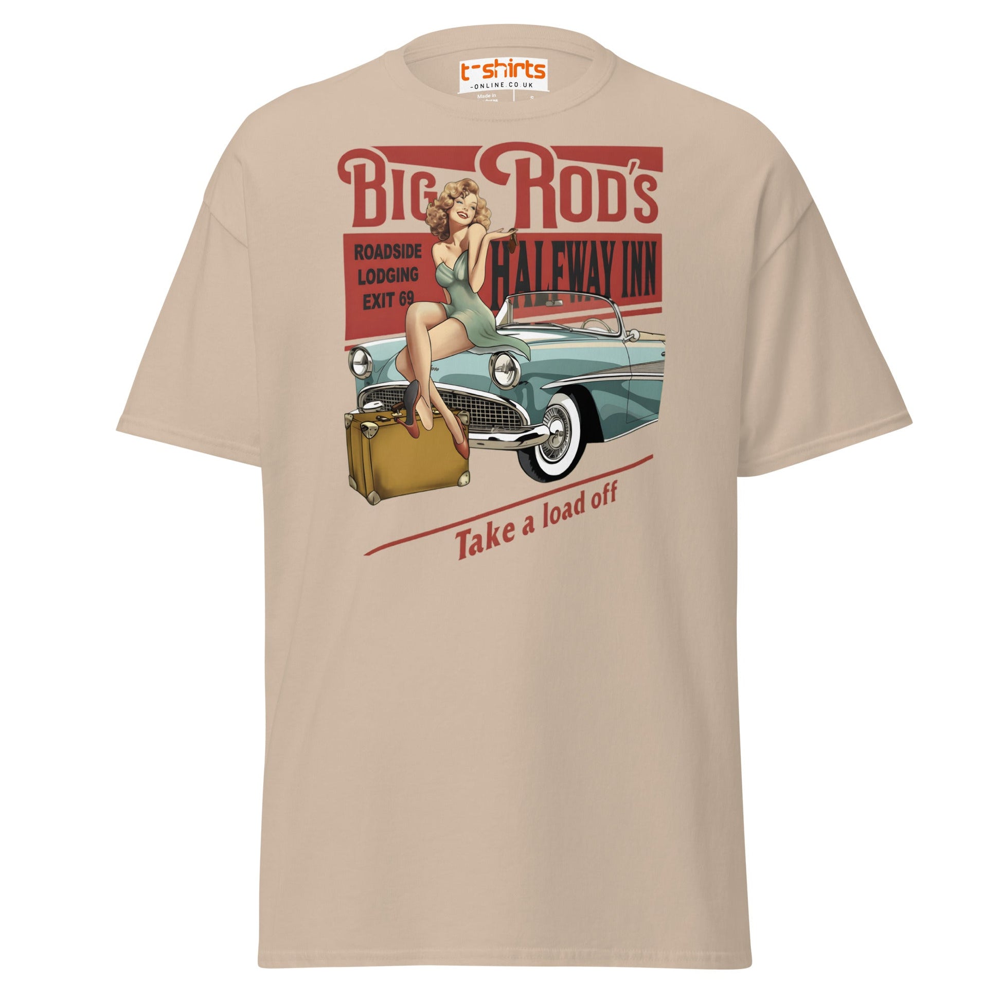 Big Rod’s Halfway Inn Retro Pin - Up Classic Car T-Shirt - Sand - T-Shirts Online