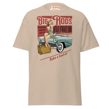 Big Rod’s Halfway Inn Retro Pin - Up Classic Car T-Shirt - Sand - T-Shirts Online