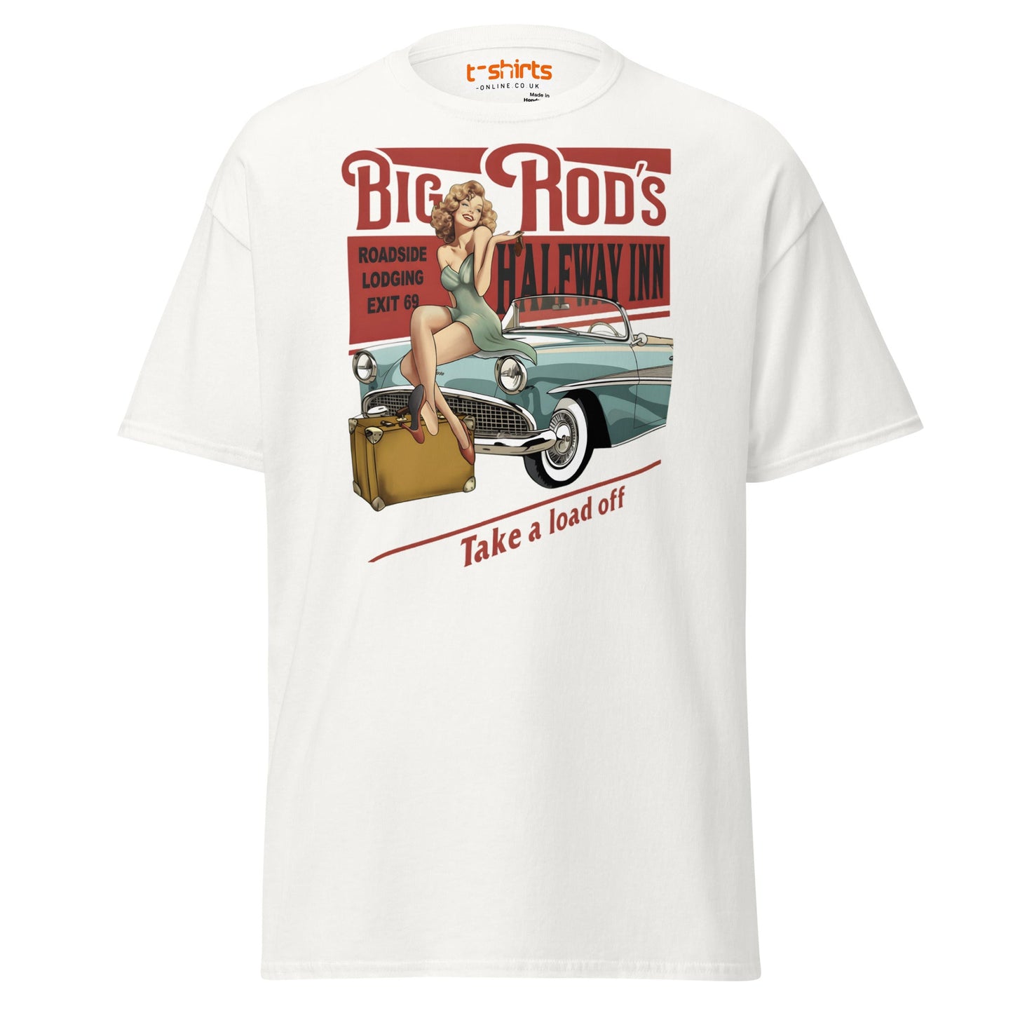 Big Rod’s Halfway Inn Retro Pin - Up Classic Car T-Shirt - White - T-Shirts Online