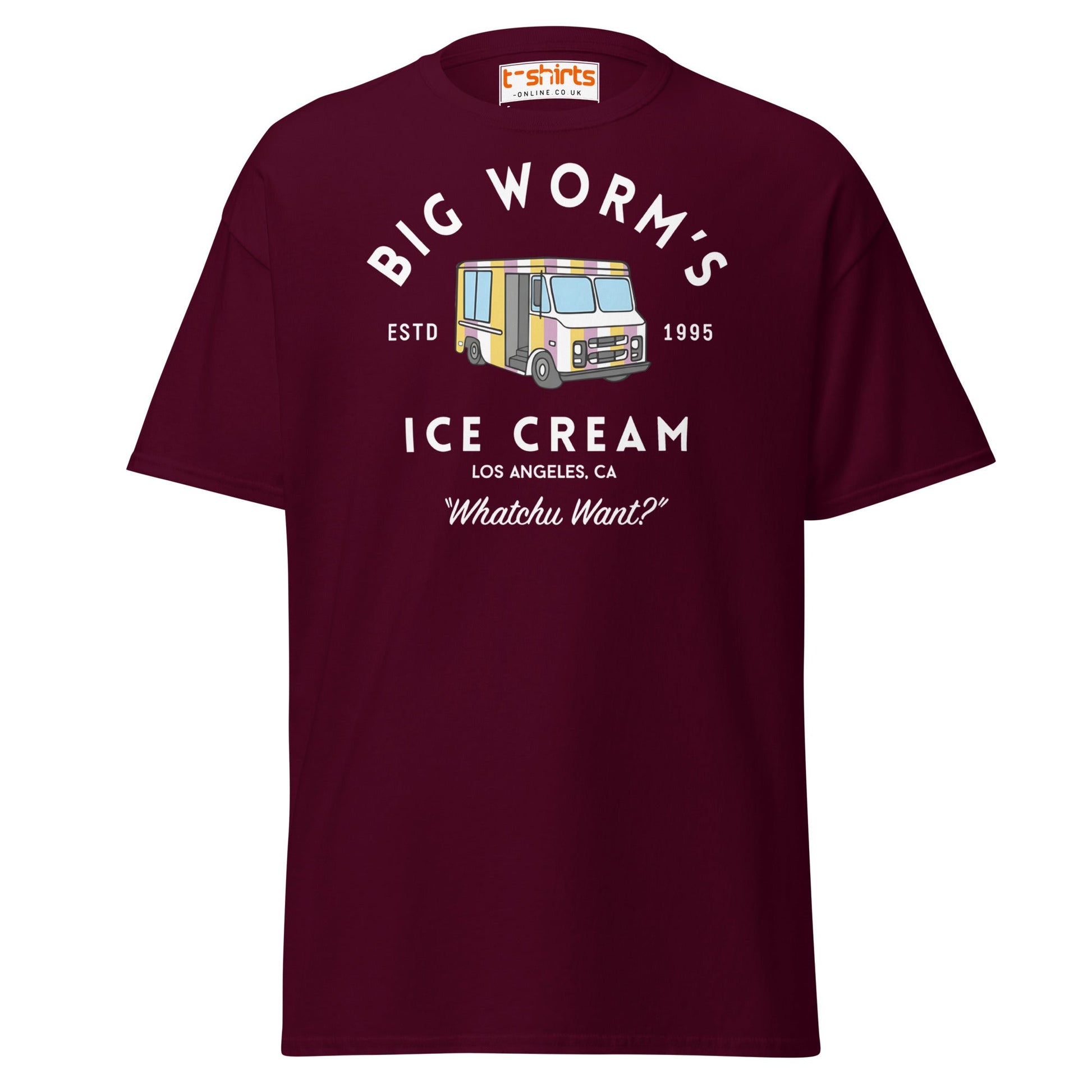 Big Worm’s Ice Cream T-Shirt | Retro LA Streetwear Tee - Maroon - T-Shirts Online