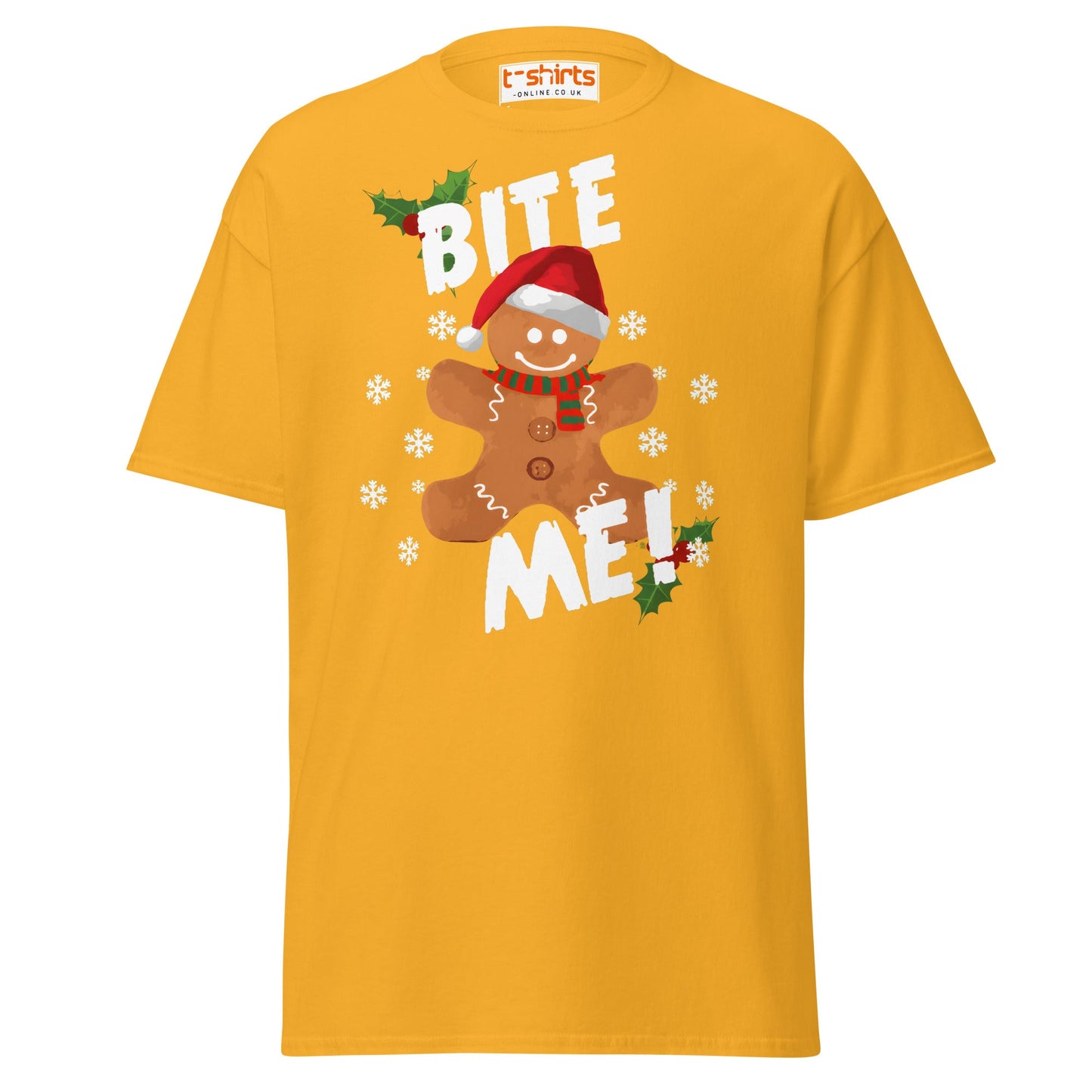 Bite Me Gingerbread T-Shirt | Funny Christmas Cookie Tee - Gold - T-Shirts Online