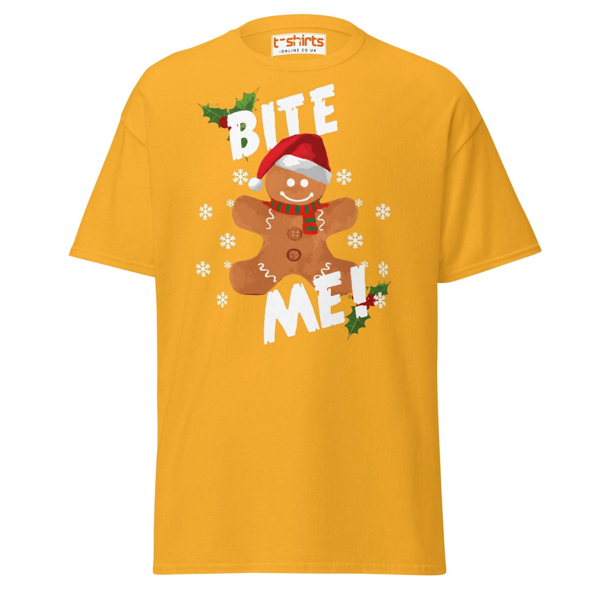 Bite Me Gingerbread T-Shirt | Funny Christmas Cookie Tee - Gold - T-Shirts Online