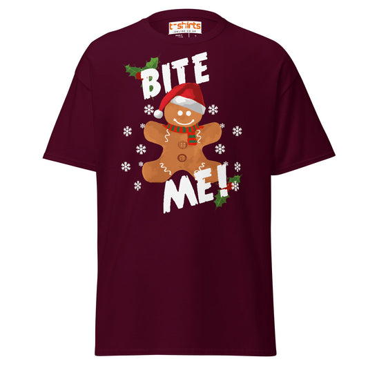 Bite Me Gingerbread T-Shirt | Funny Christmas Cookie Tee - Maroon - T-Shirts Online