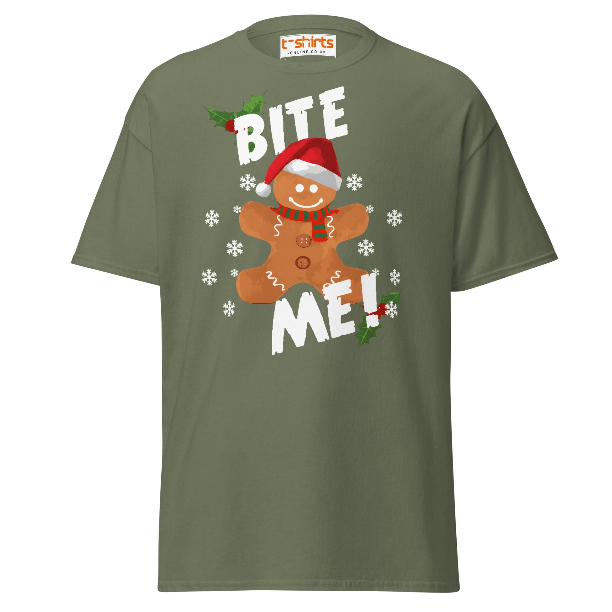 Bite Me Gingerbread T-Shirt | Funny Christmas Cookie Tee - Military Green - T-Shirts Online