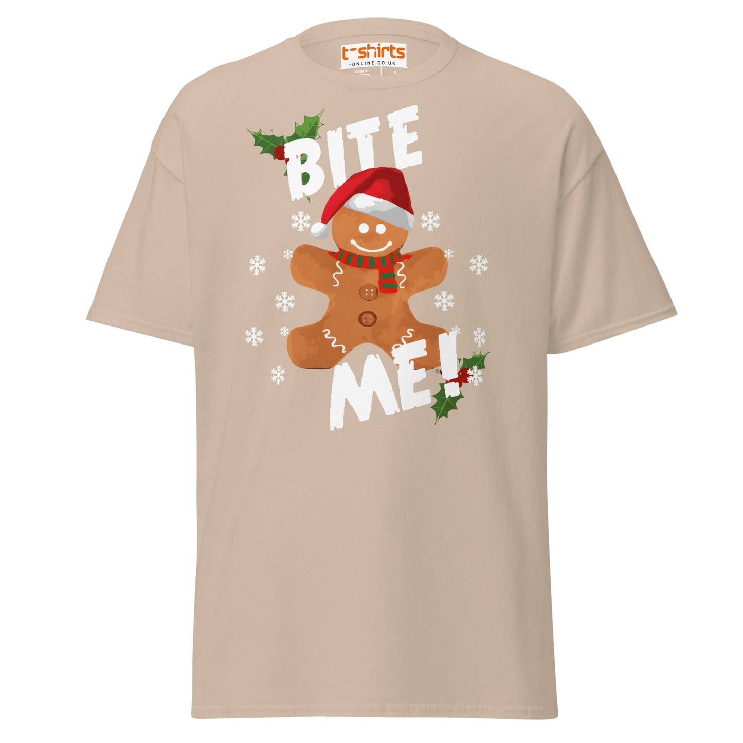 Bite Me Gingerbread T-Shirt | Funny Christmas Cookie Tee - Sand - T-Shirts Online