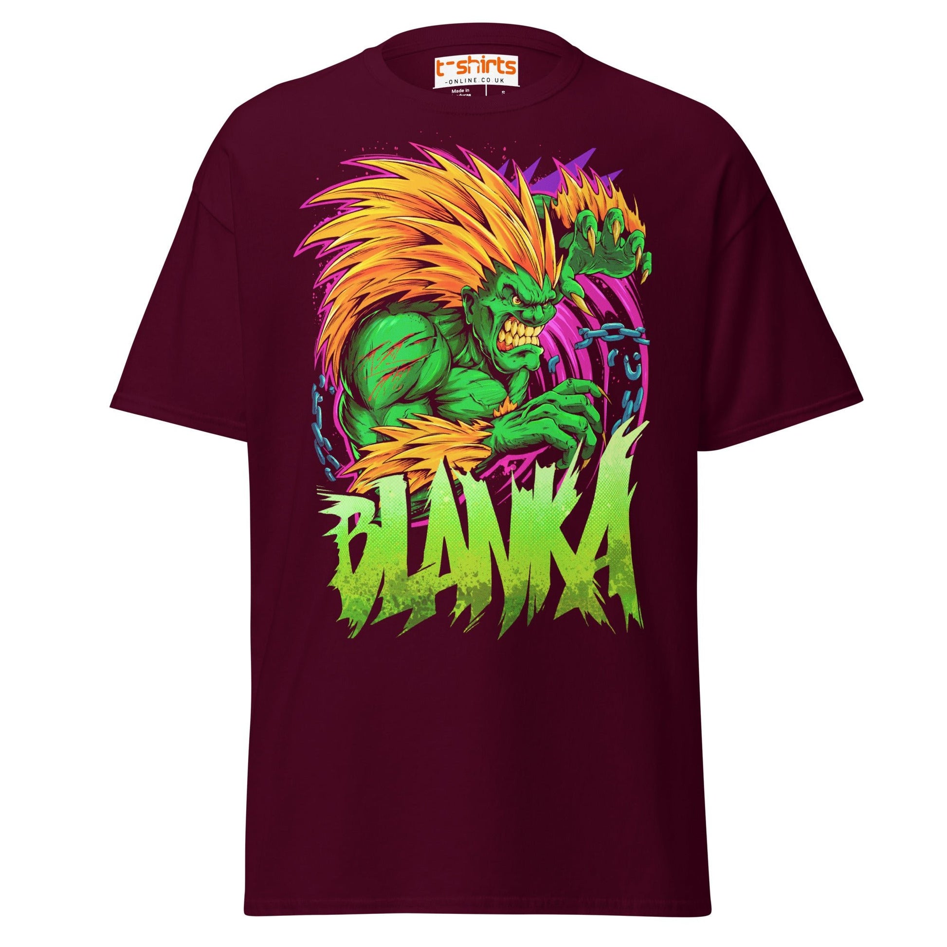 Blanka T-Shirt | Electric Street Fighter Parody Tee - Maroon - T-Shirts Online