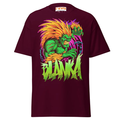 Blanka T-Shirt | Electric Street Fighter Parody Tee - Maroon - T-Shirts Online