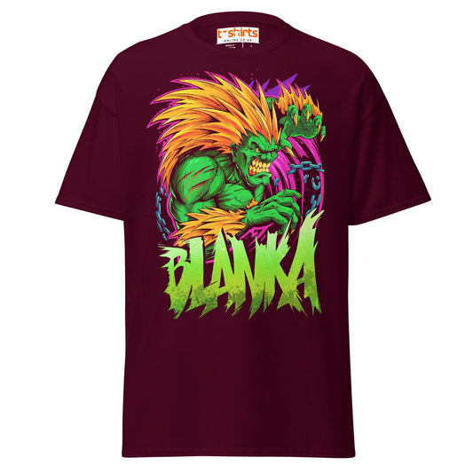 Blanka T-Shirt | Electric Street Fighter Parody Tee - Maroon - T-Shirts Online