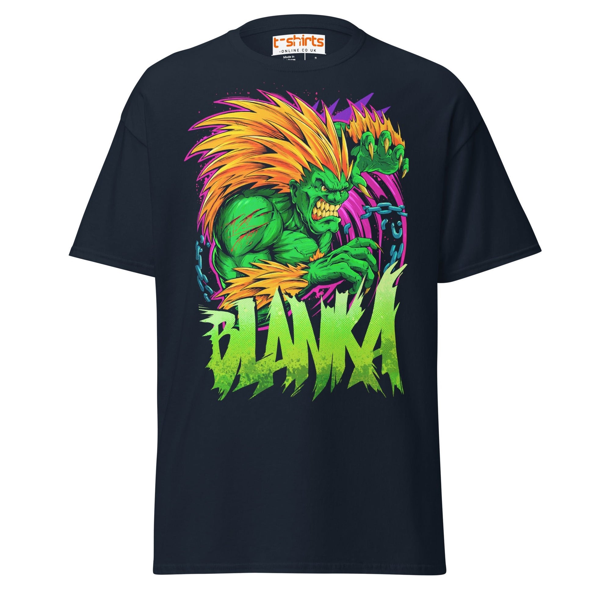 Blanka T-Shirt | Electric Street Fighter Parody Tee - Navy - T-Shirts Online