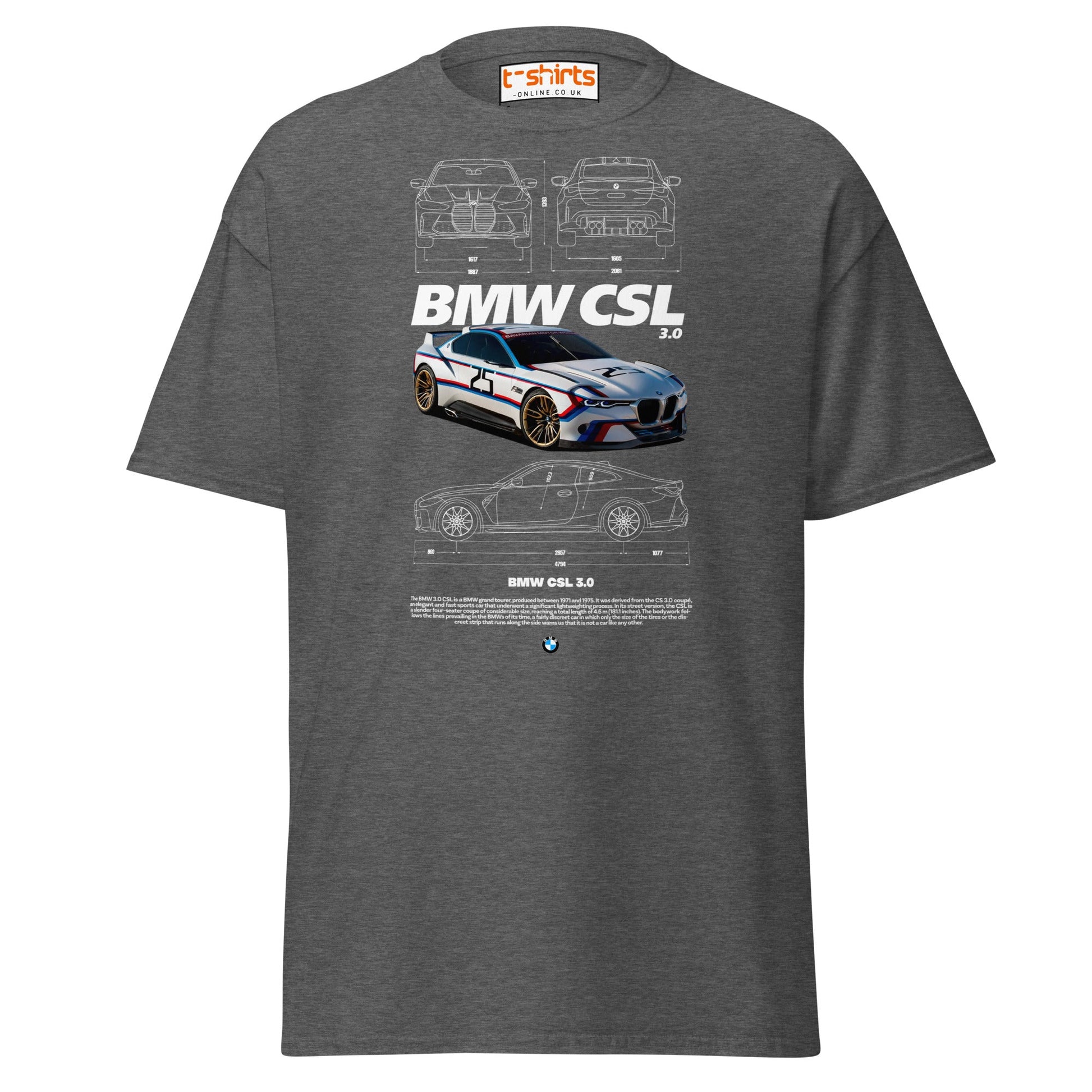 BMW CSL 3.0 T-Shirt | Classic Motorsport Car Tee - Dark Heather - T-Shirts Online