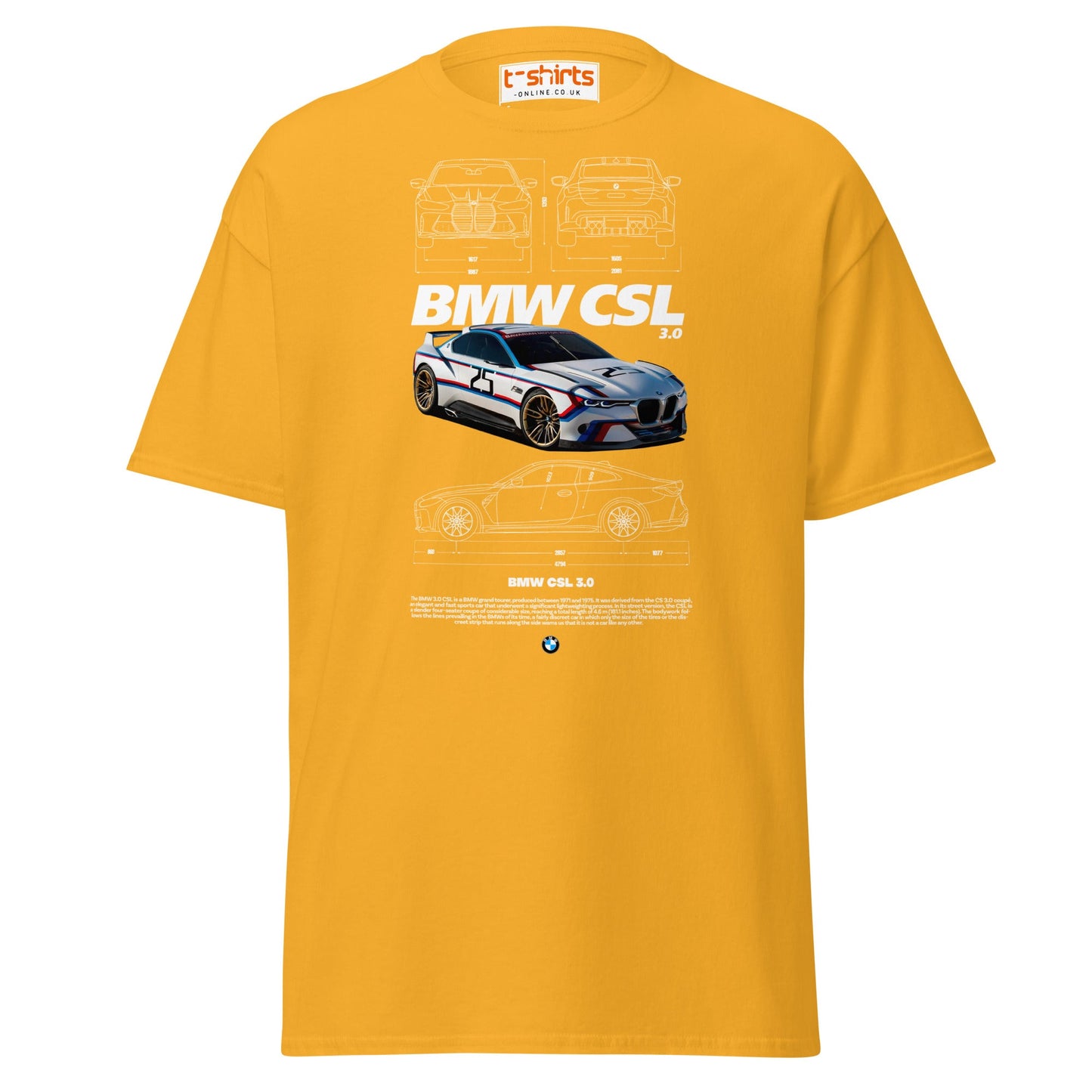 BMW CSL 3.0 T-Shirt | Classic Motorsport Car Tee - Gold - T-Shirts Online