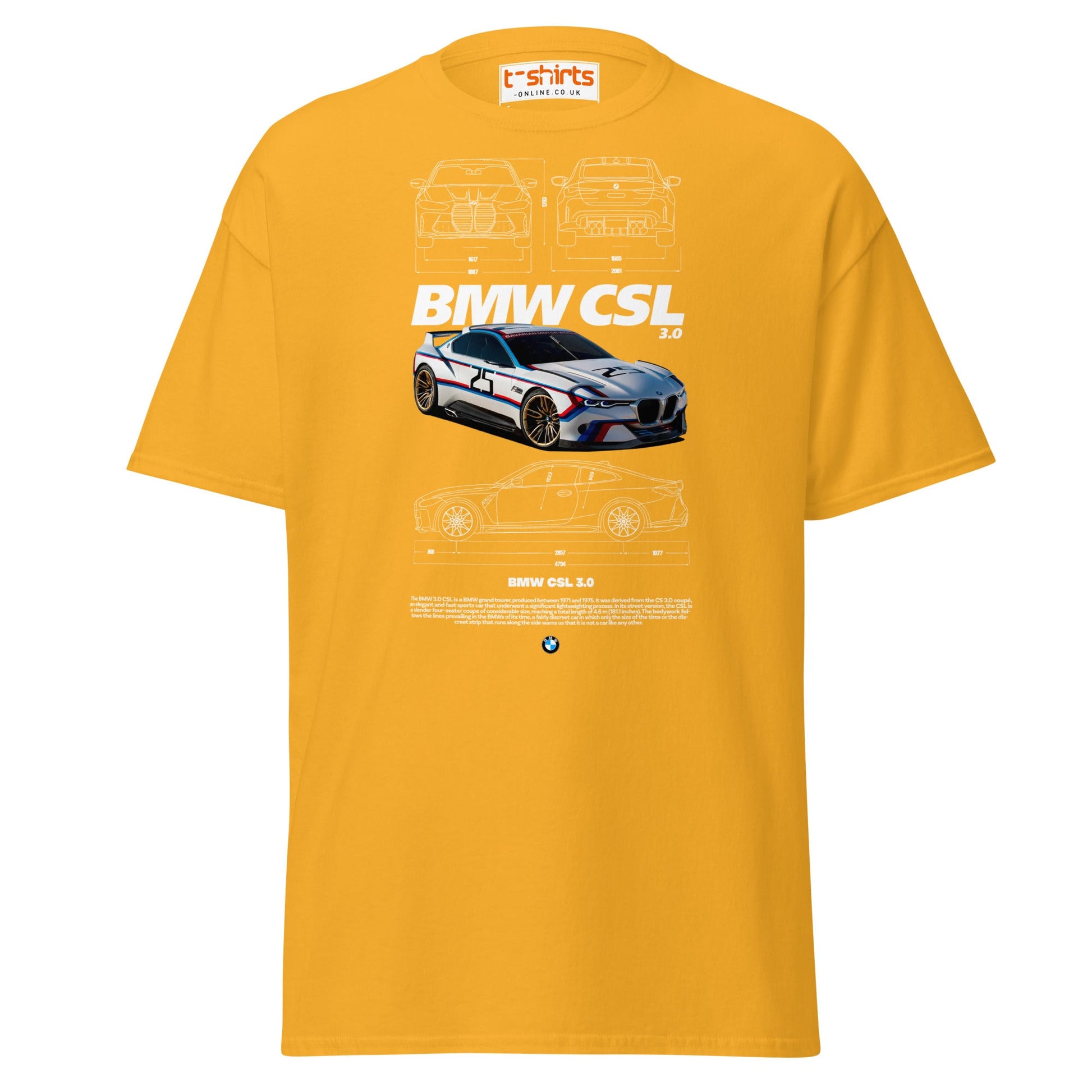 BMW CSL 3.0 T-Shirt | Classic Motorsport Car Tee - Gold - T-Shirts Online