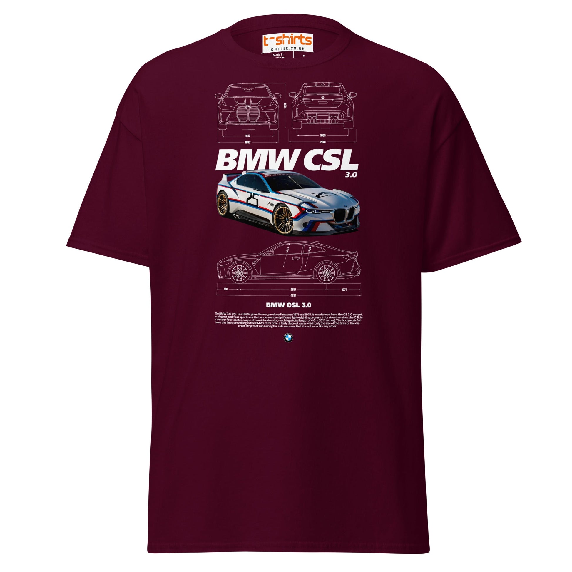 BMW CSL 3.0 T-Shirt | Classic Motorsport Car Tee - Maroon - T-Shirts Online