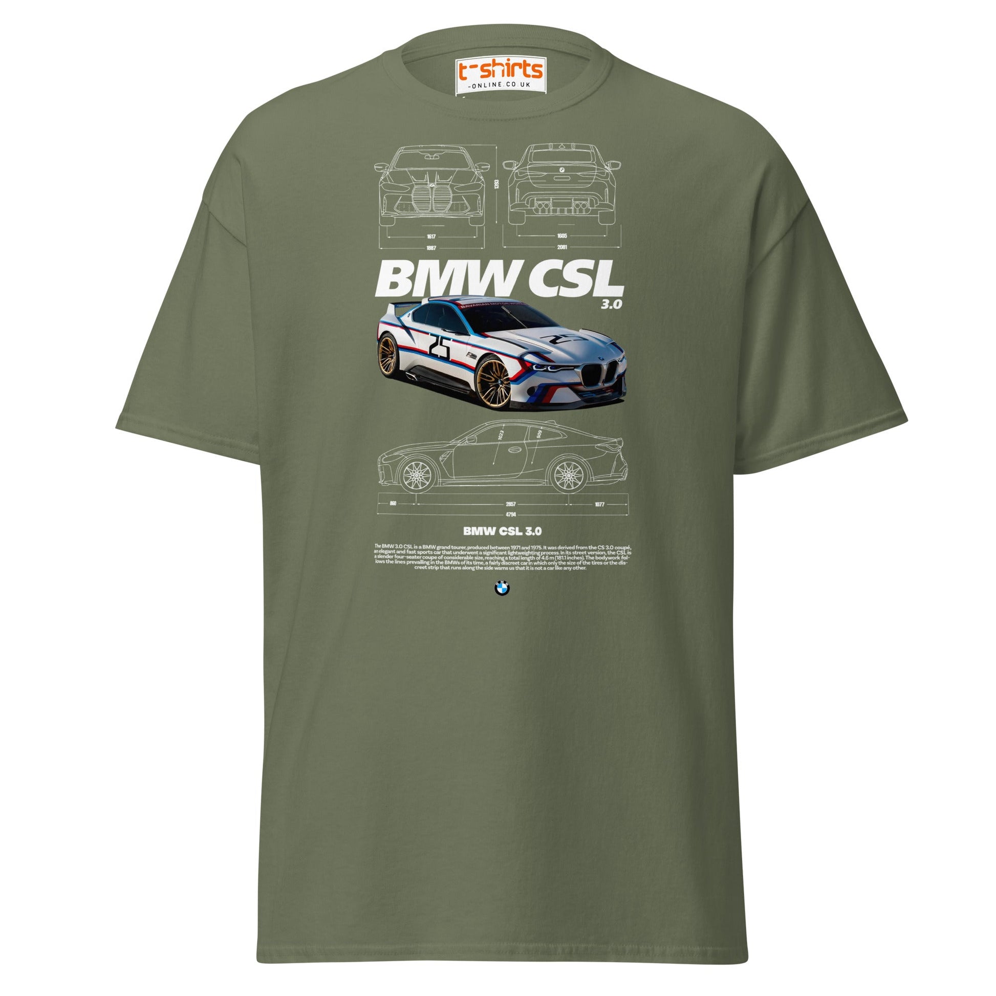 BMW CSL 3.0 T-Shirt | Classic Motorsport Car Tee - Military Green - T-Shirts Online