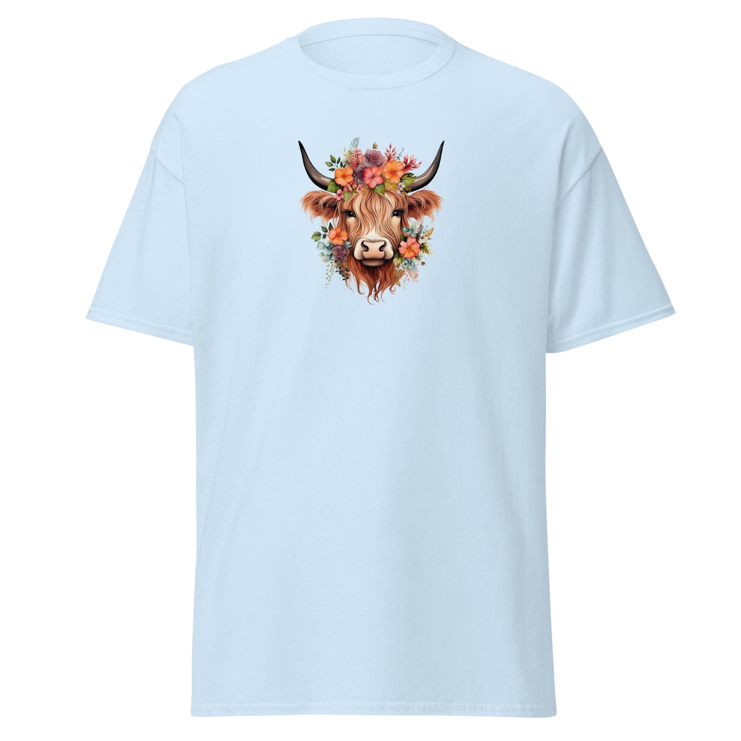 Boho Highland Cow | Highland Cow T-Shirt - Light Blue - T-Shirts Online