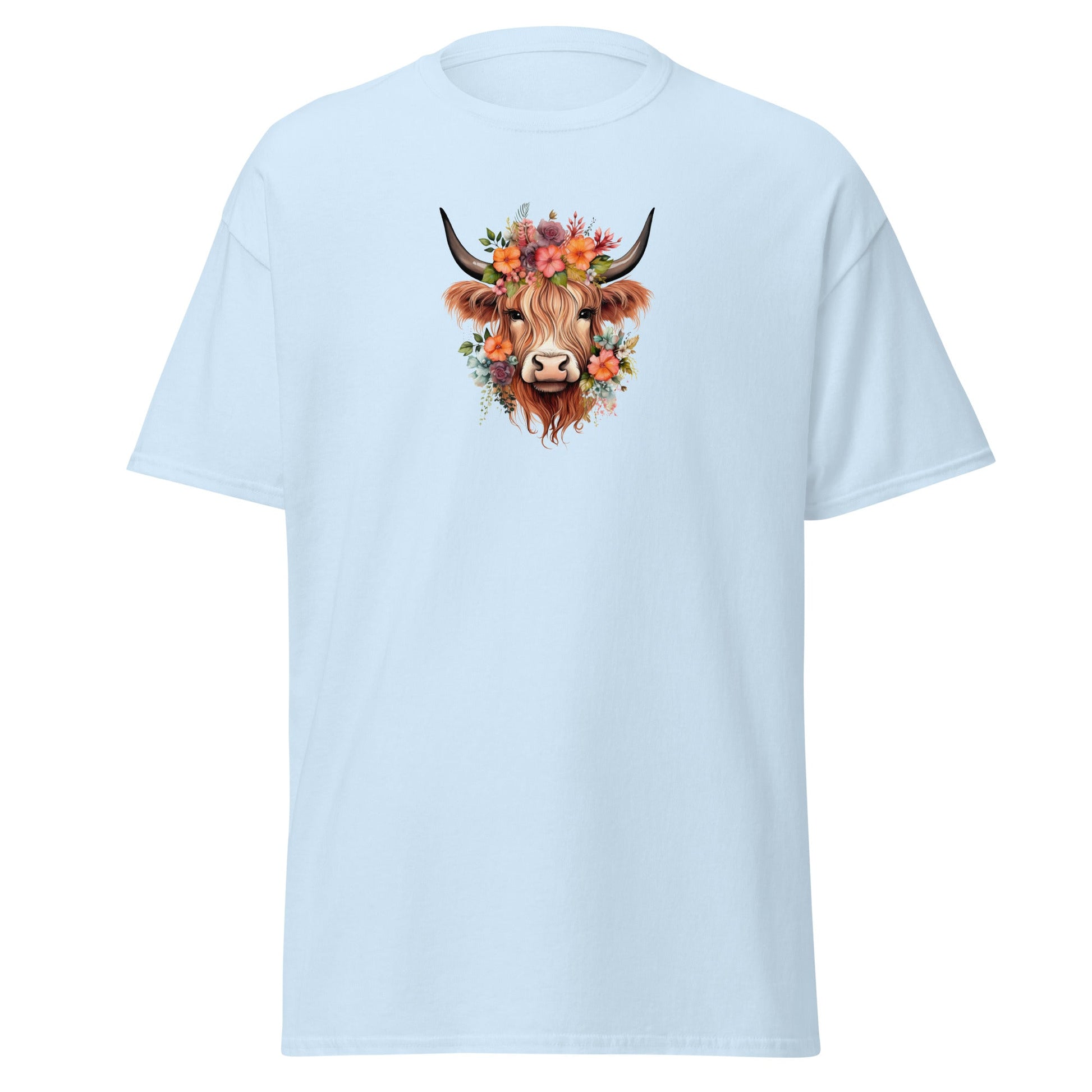 Boho Highland Cow | Highland Cow T-Shirt - Light Blue - T-Shirts Online