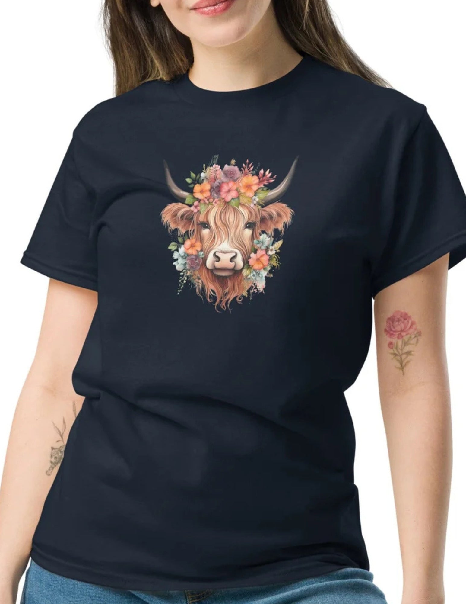 Boho Highland Cow | Highland Cow T-Shirt - Black - T-Shirts Online