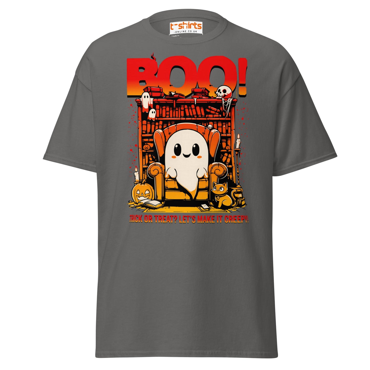 Boo! Creepy Ghost Halloween T-Shirt - Charcoal - T-Shirts Online