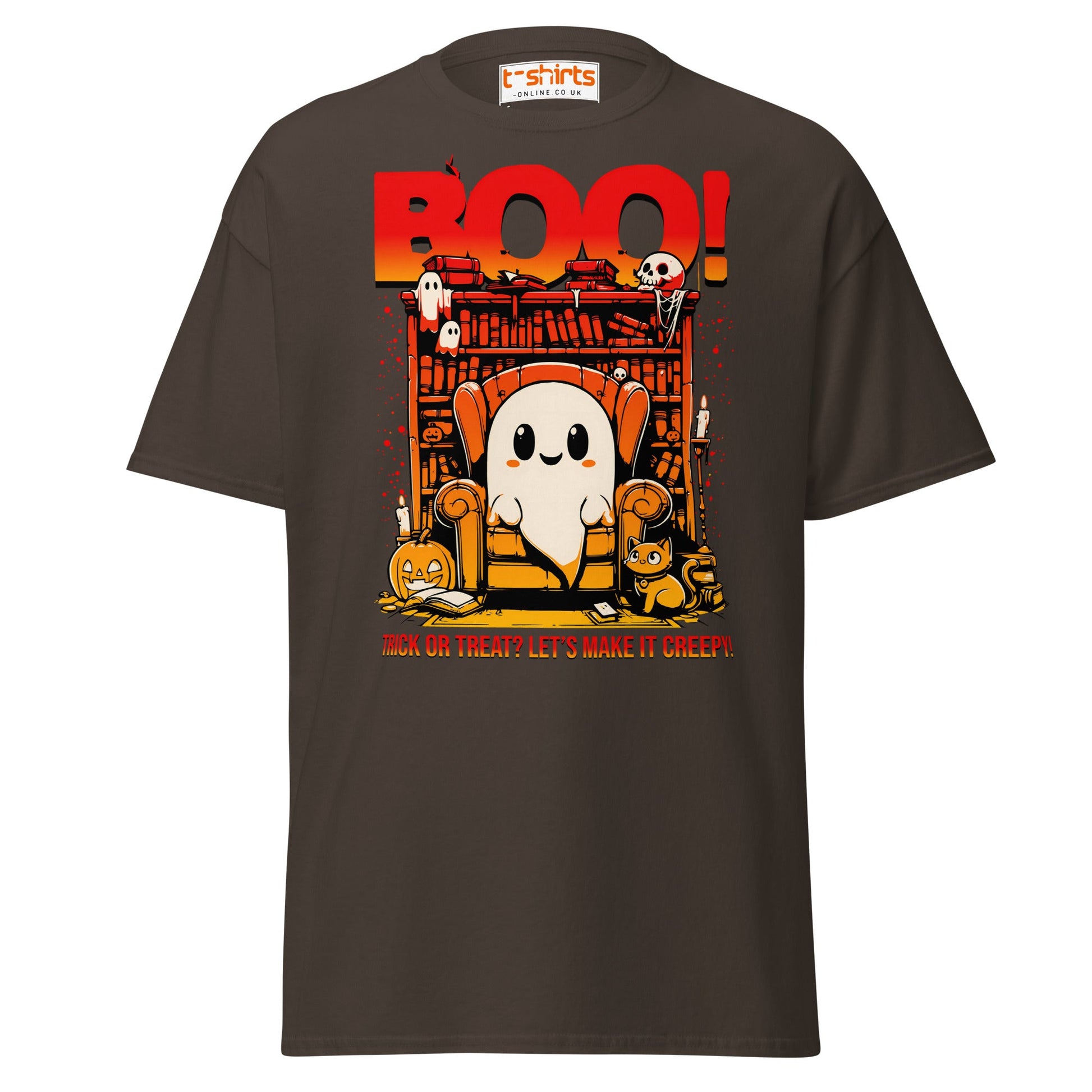 Boo! Creepy Ghost Halloween T-Shirt - Dark Chocolate - T-Shirts Online