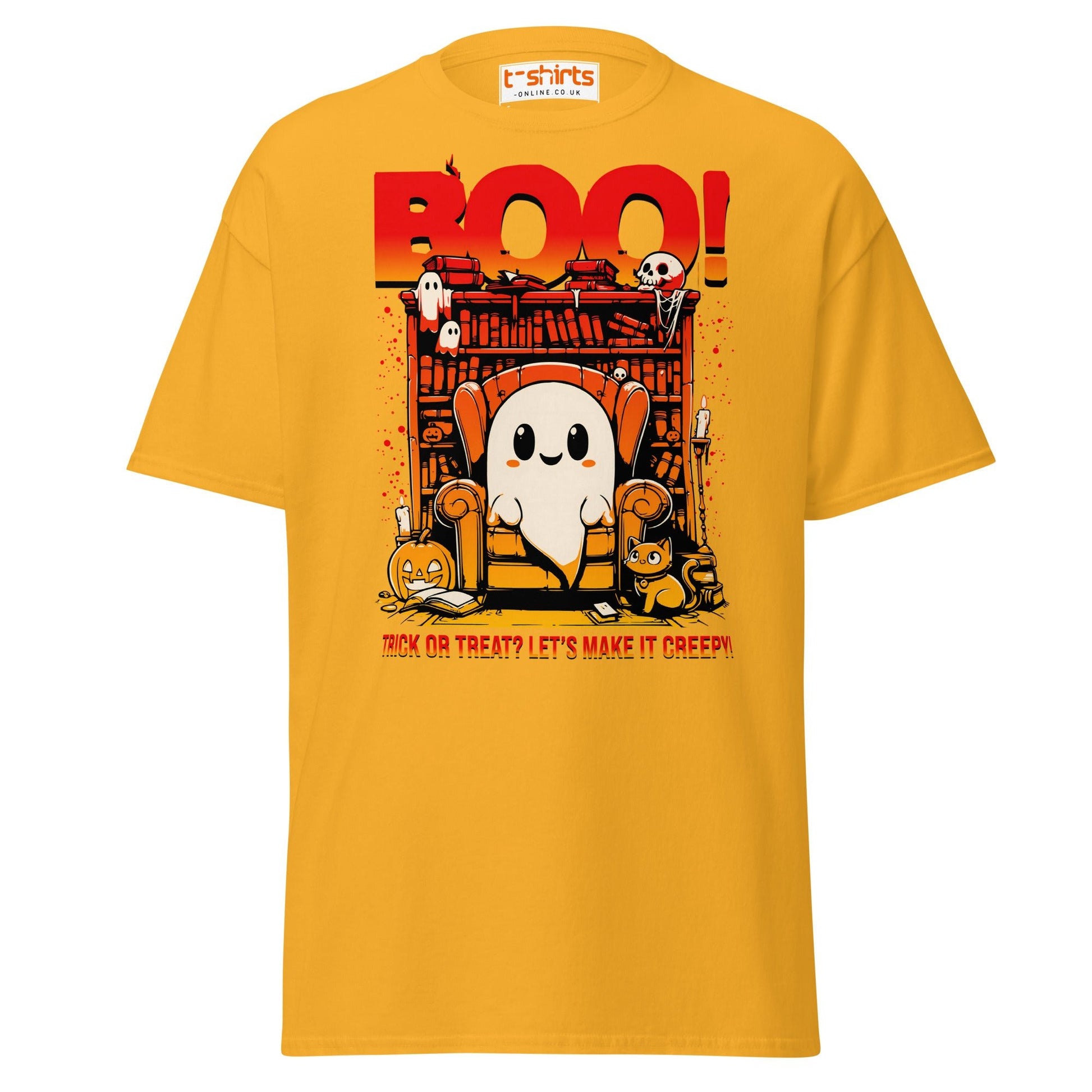 Boo! Creepy Ghost Halloween T-Shirt - Gold - T-Shirts Online