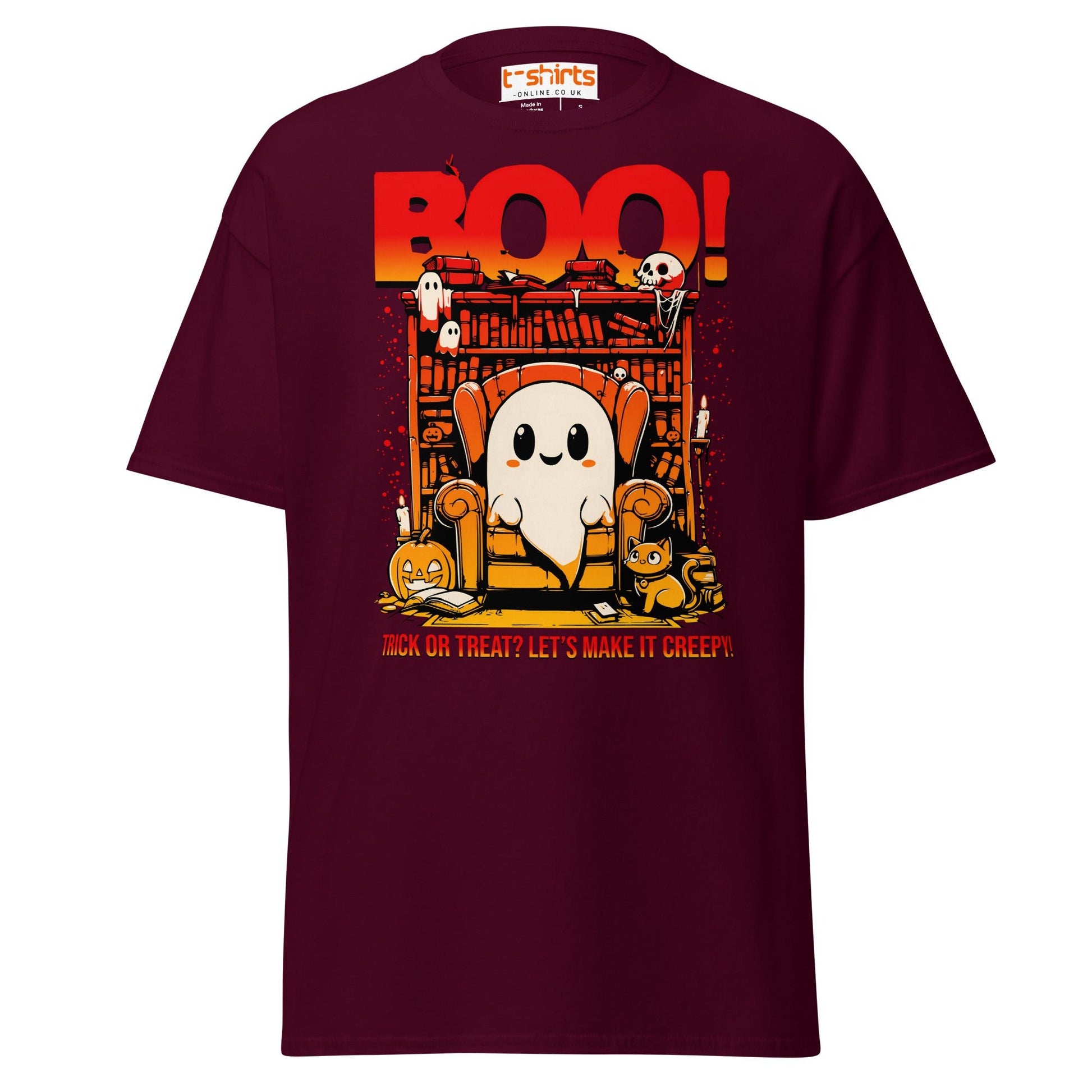 Boo! Creepy Ghost Halloween T-Shirt - Maroon - T-Shirts Online