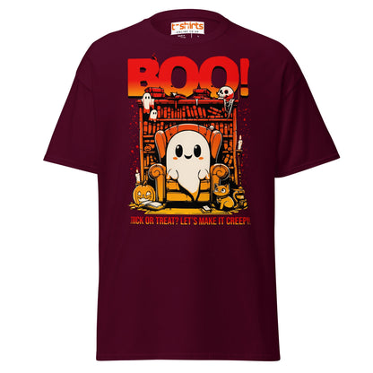 Boo! Creepy Ghost Halloween T-Shirt - Maroon - T-Shirts Online