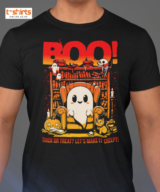 Boo! Creepy Ghost Halloween T-Shirt - Maroon - T-Shirts Online