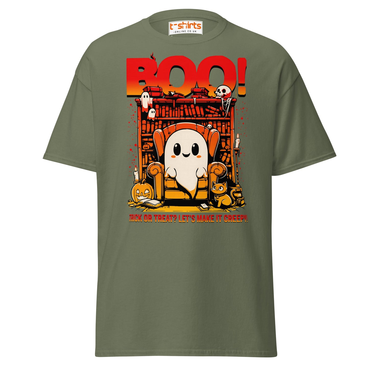 Boo! Creepy Ghost Halloween T-Shirt - Military Green - T-Shirts Online