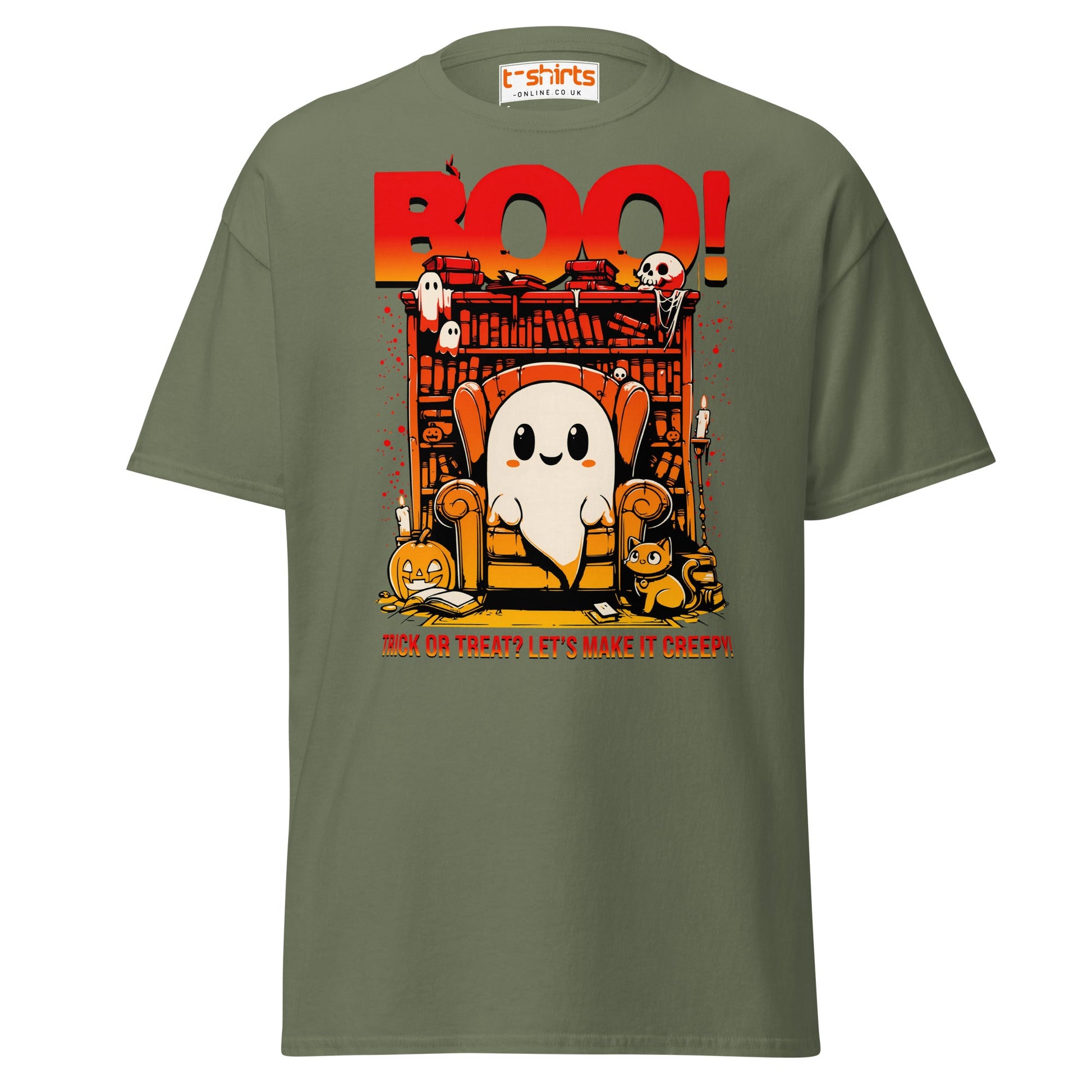 Boo! Creepy Ghost Halloween T-Shirt - Military Green - T-Shirts Online