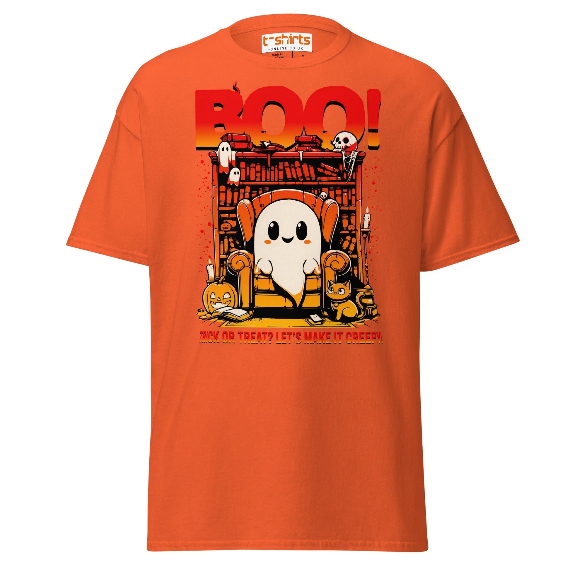 Boo! Creepy Ghost Halloween T-Shirt - Orange - T-Shirts Online