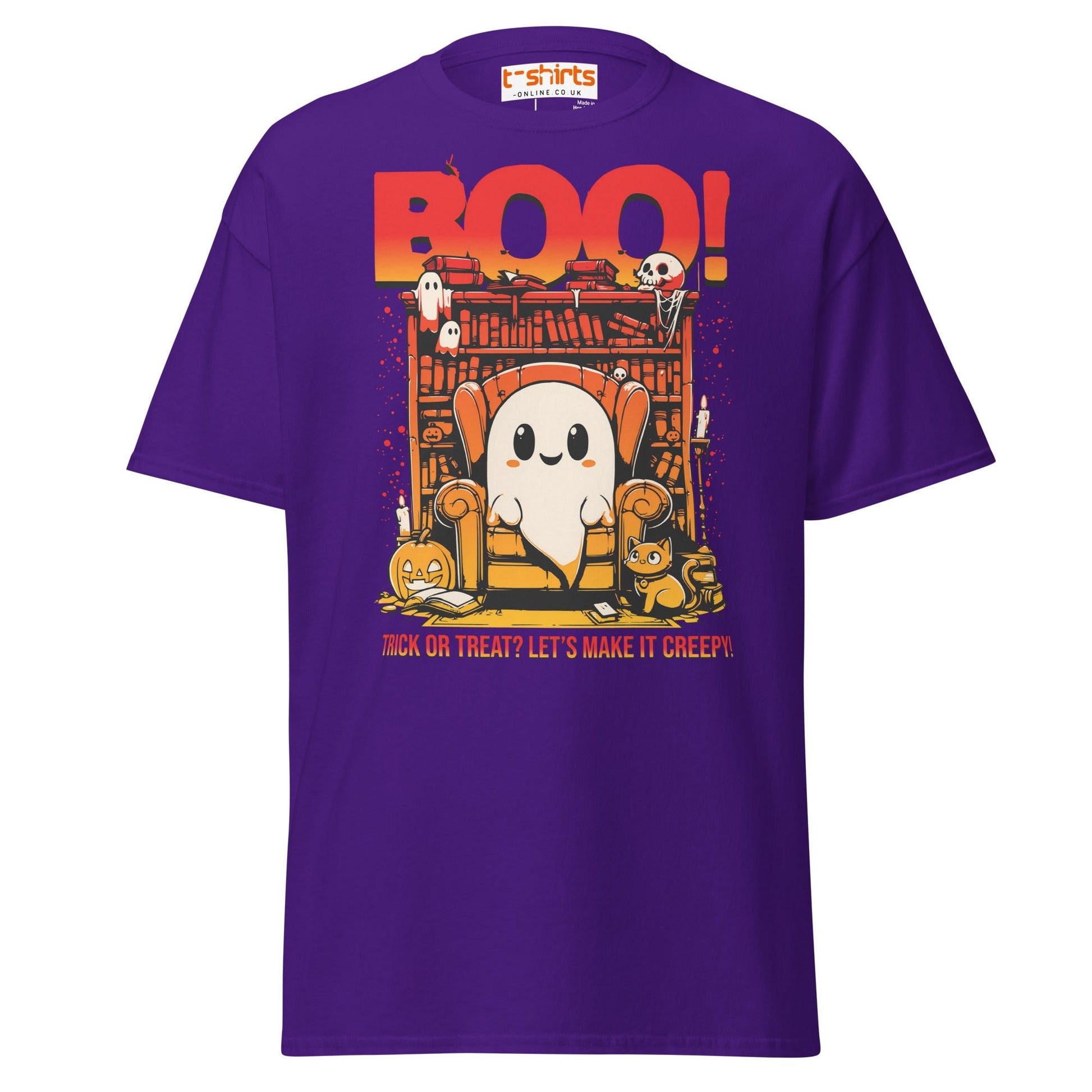 Boo! Creepy Ghost Halloween T-Shirt - Purple - T-Shirts Online