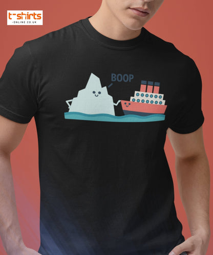 Black t-shirt with a graphic of a ship and iceberg labeled 'BOOP' on a red background.