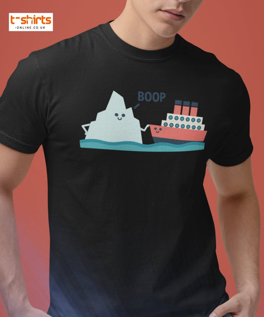 Black t-shirt with a graphic of a ship and iceberg labeled 'BOOP' on a red background.