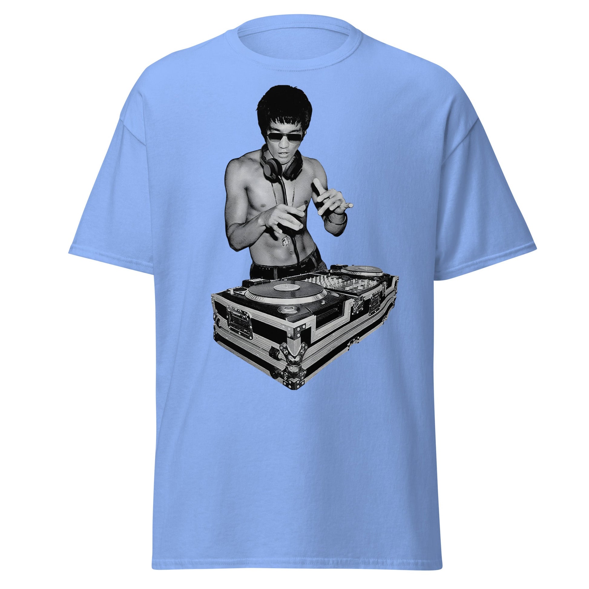 Bruce Lee DJ T-Shirt - Kung Fu Master Mixing Vinyl - Carolina Blue - T-Shirts Online