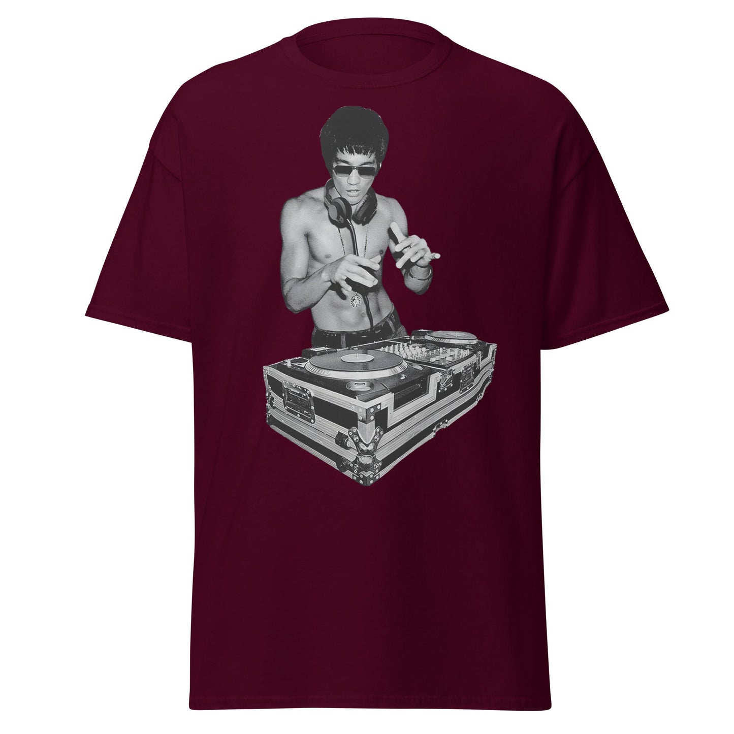 Bruce Lee DJ T-Shirt - Kung Fu Master Mixing Vinyl - Maroon - T-Shirts Online