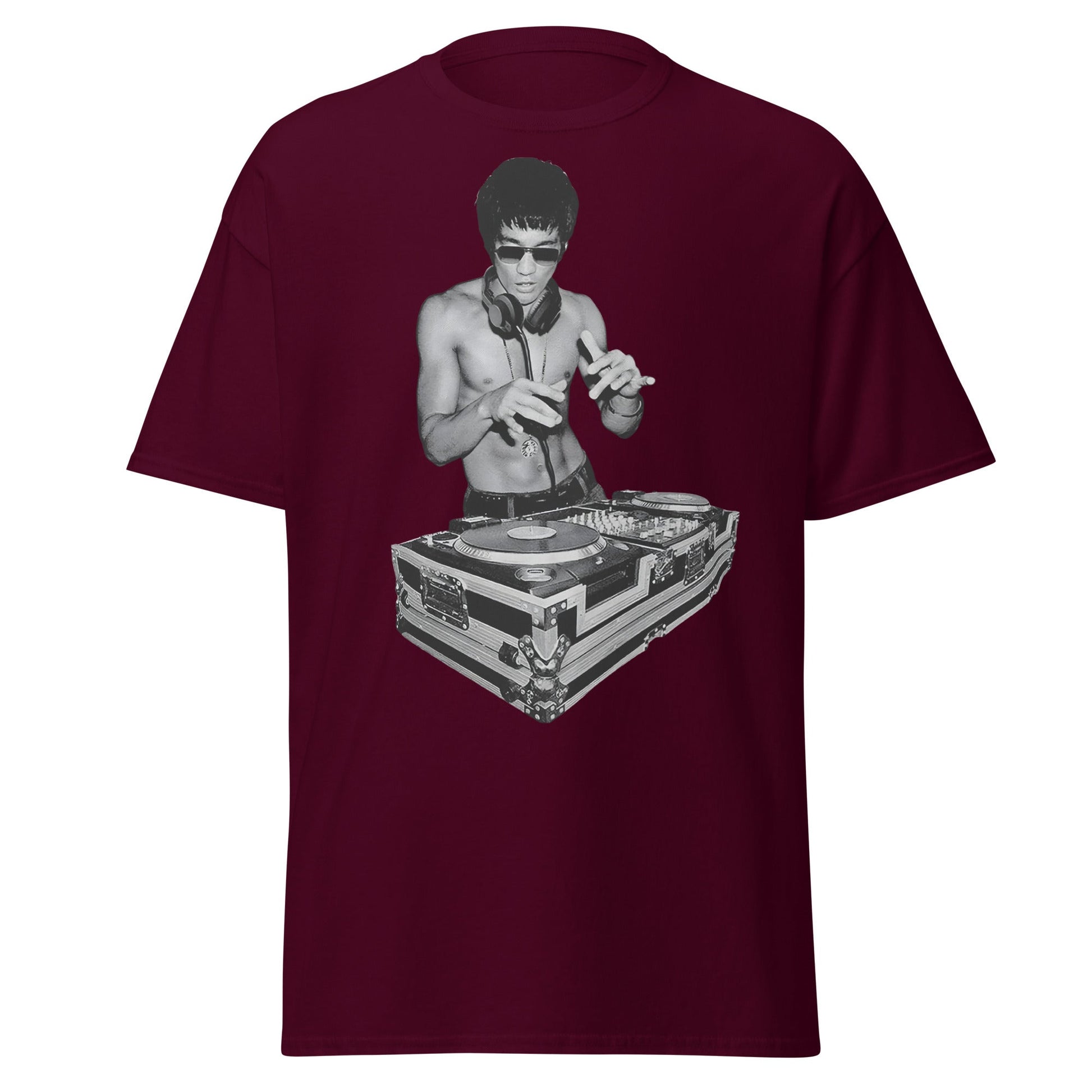 Bruce Lee DJ T-Shirt - Kung Fu Master Mixing Vinyl - Maroon - T-Shirts Online