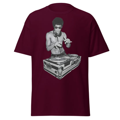 Bruce Lee DJ T-Shirt - Kung Fu Master Mixing Vinyl - Maroon - T-Shirts Online