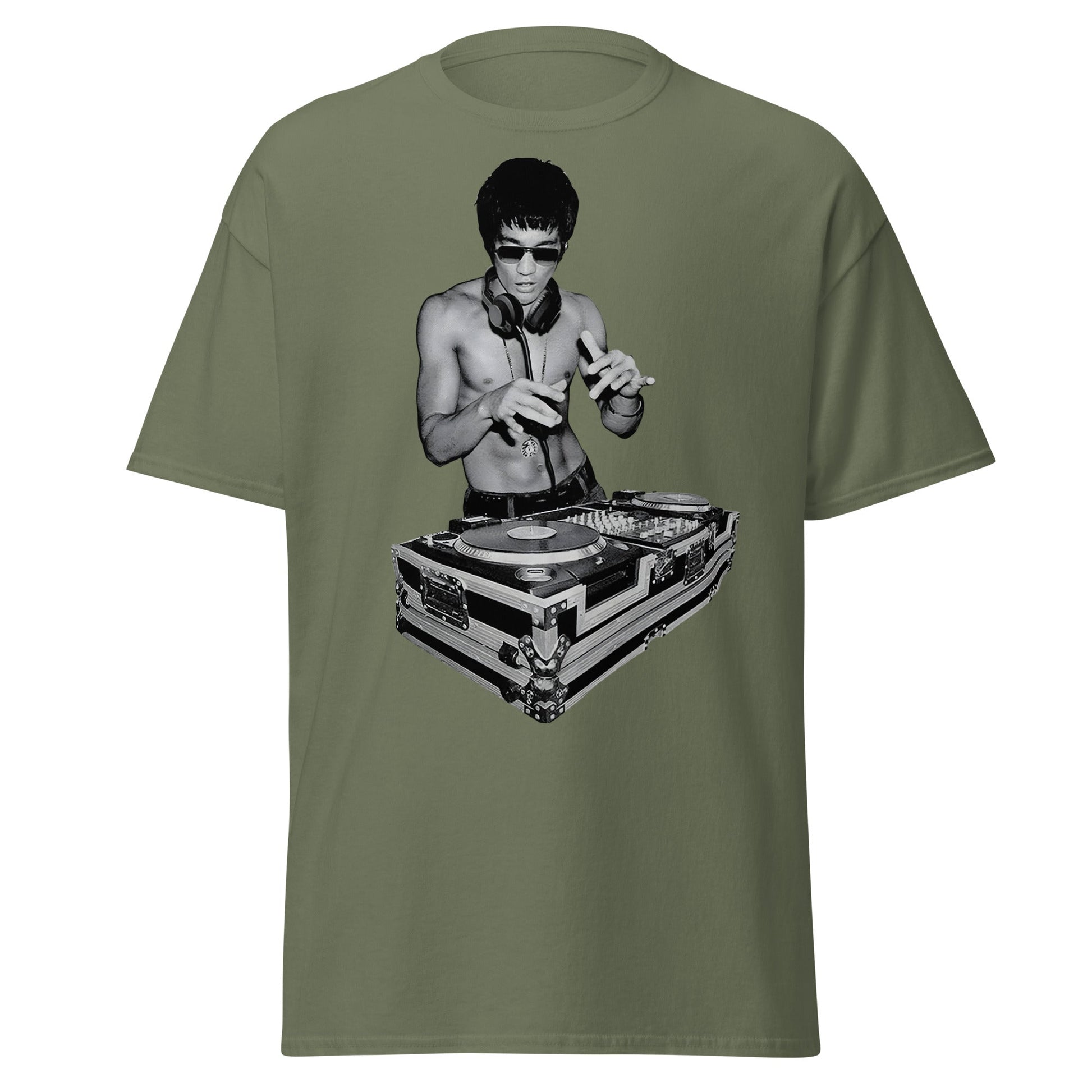 Bruce Lee DJ T-Shirt - Kung Fu Master Mixing Vinyl - Military Green - T-Shirts Online