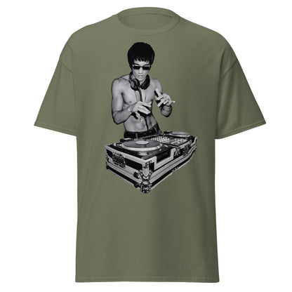 Bruce Lee DJ T-Shirt - Kung Fu Master Mixing Vinyl - Military Green - T-Shirts Online