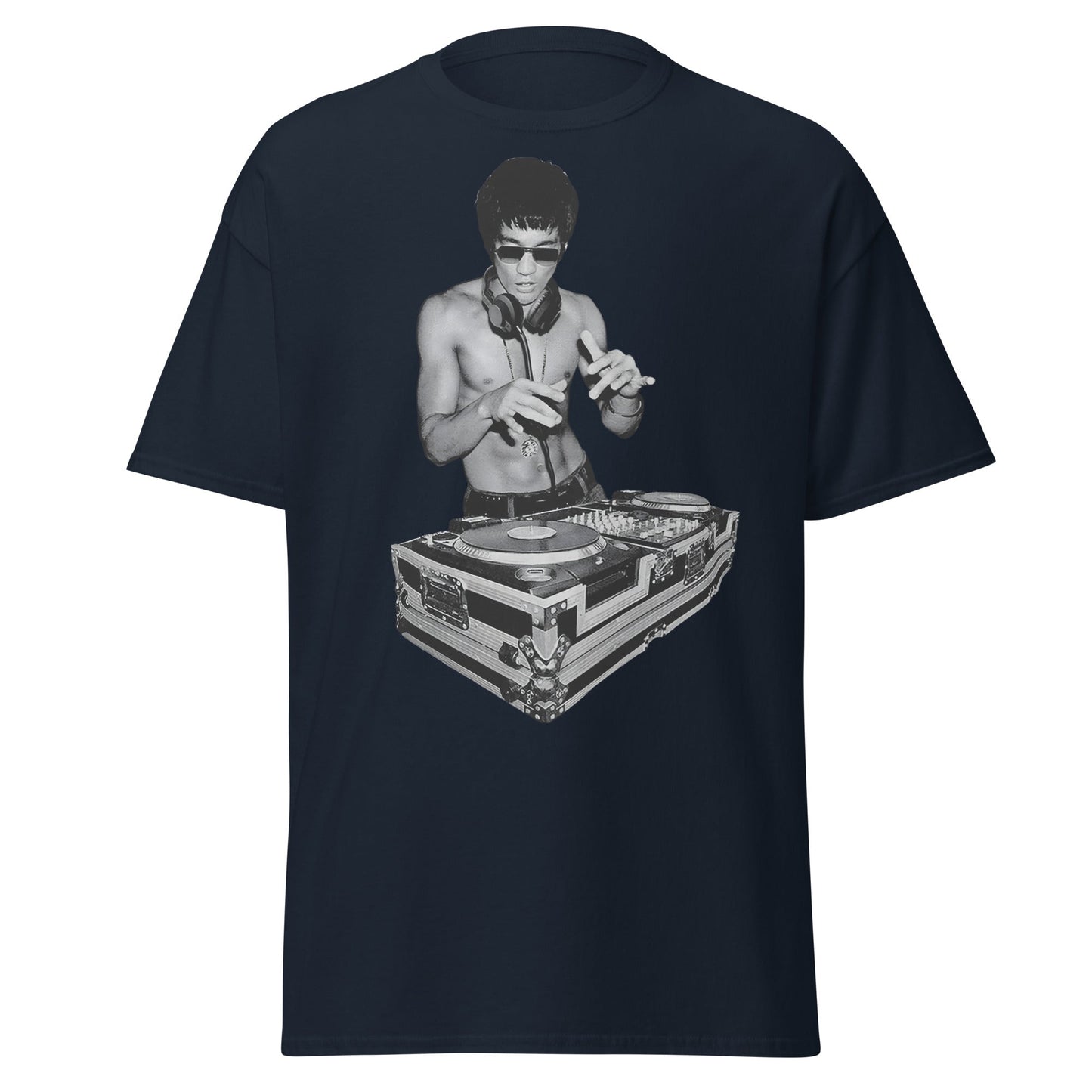 Bruce Lee DJ T-Shirt - Kung Fu Master Mixing Vinyl - Navy - T-Shirts Online