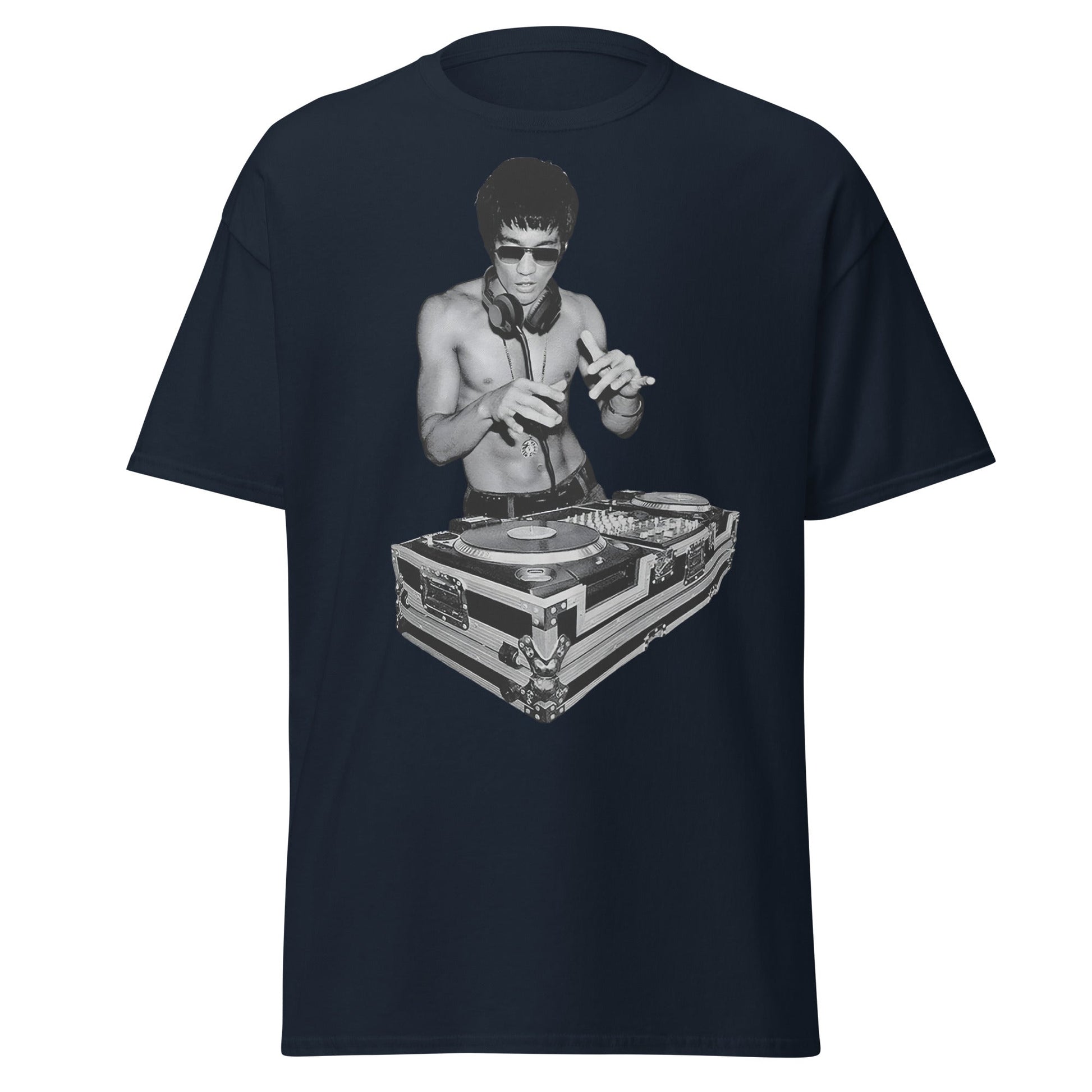 Bruce Lee DJ T-Shirt - Kung Fu Master Mixing Vinyl - Navy - T-Shirts Online