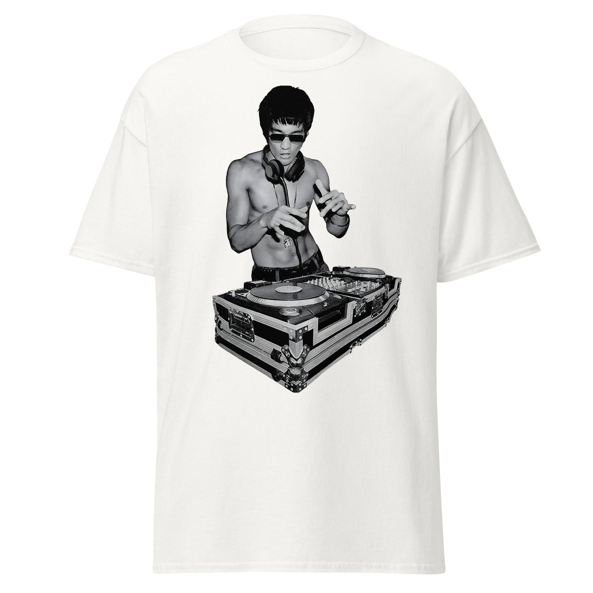 Bruce Lee DJ T-Shirt - Kung Fu Master Mixing Vinyl - White - T-Shirts Online