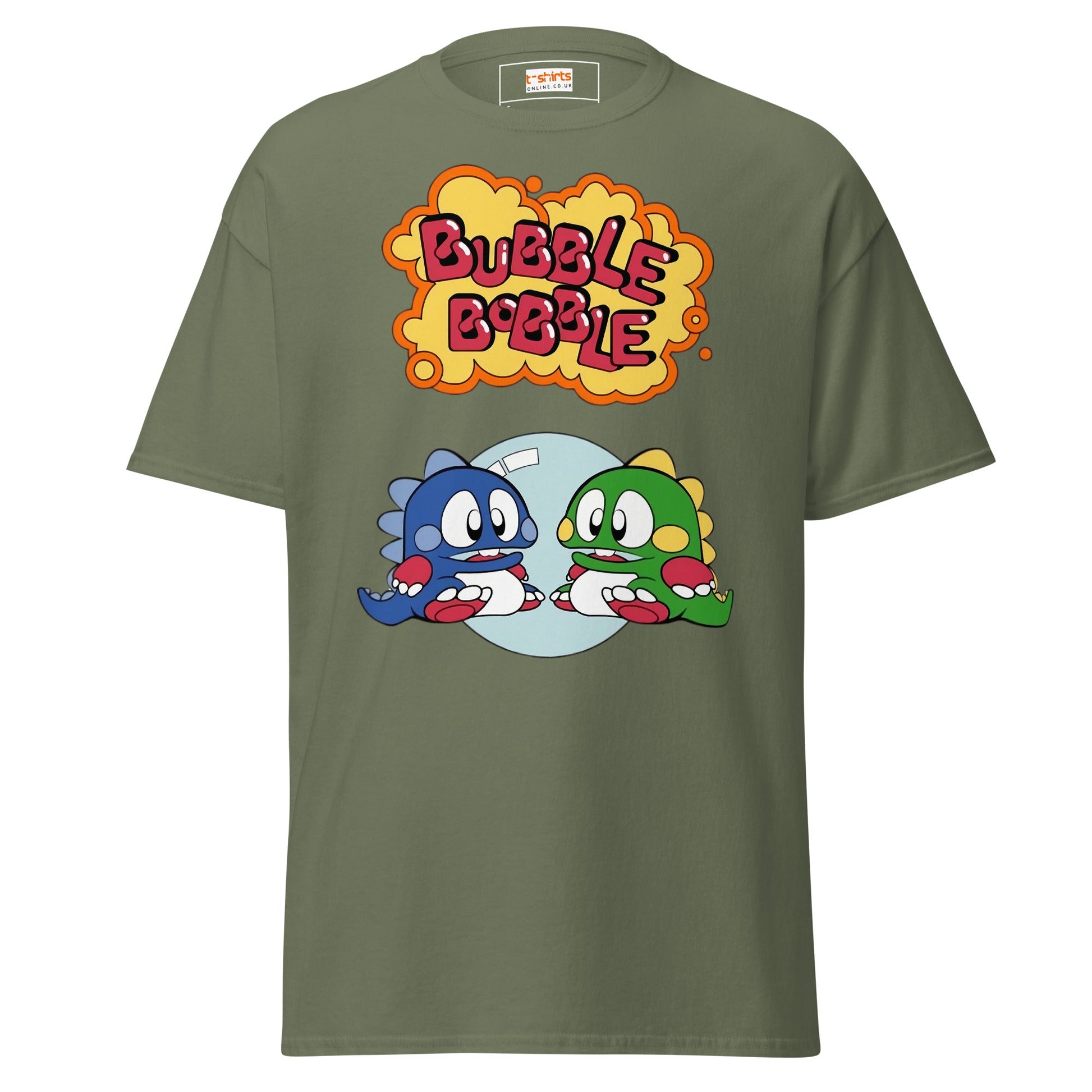 Bubble Bobble Retro Gaming T-Shirt | Dino T-Shirt - Military Green - T-Shirts Online