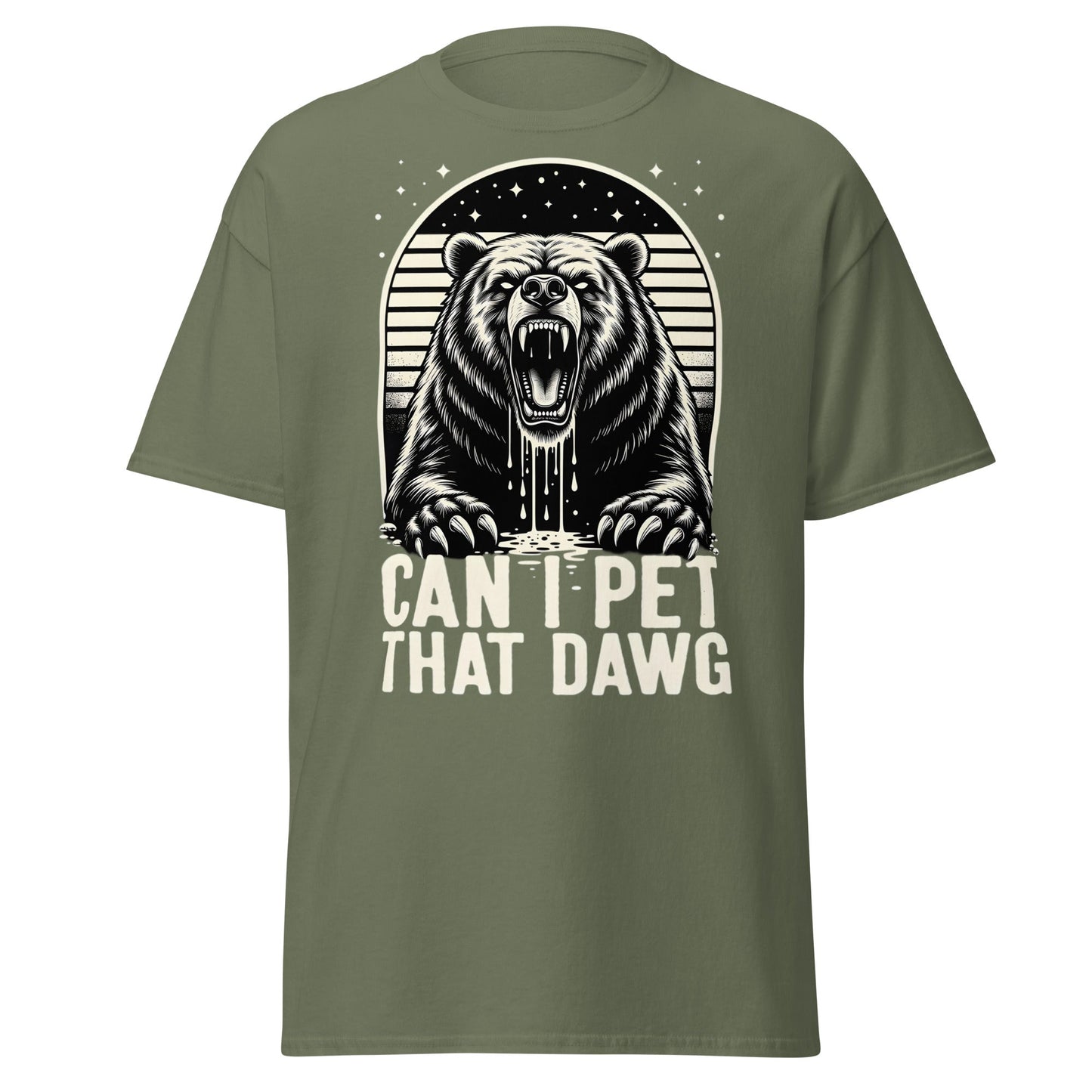 Can I Pet That Dawg? Funny Grizzly Bear Graphic T-Shirt - Military Green - T-Shirts Online