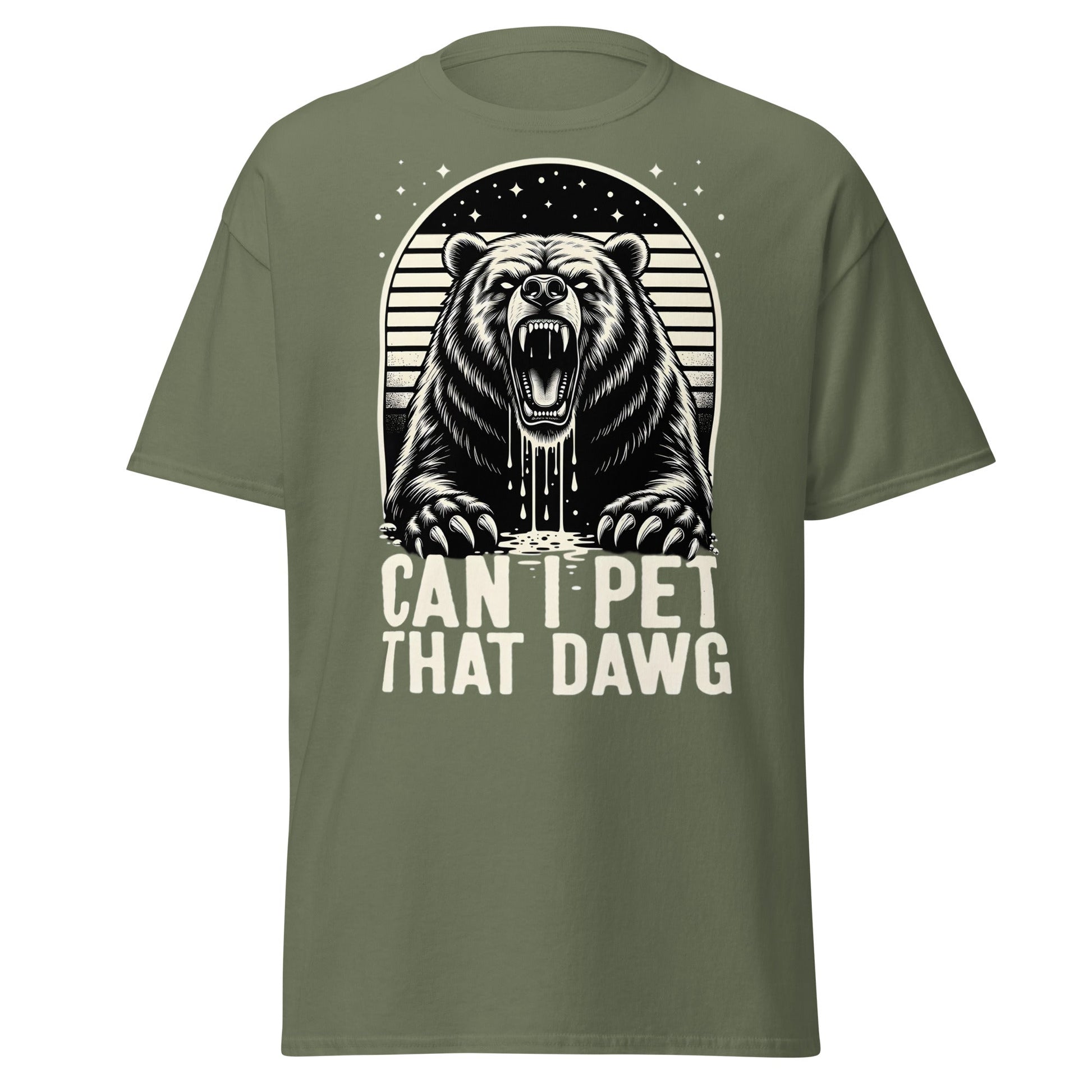 Can I Pet That Dawg? Funny Grizzly Bear Graphic T-Shirt - Military Green - T-Shirts Online